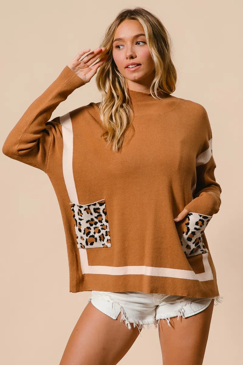 Image of BiBi Mock Neck Sweater with Leopard Pocket | Queeble.shop
