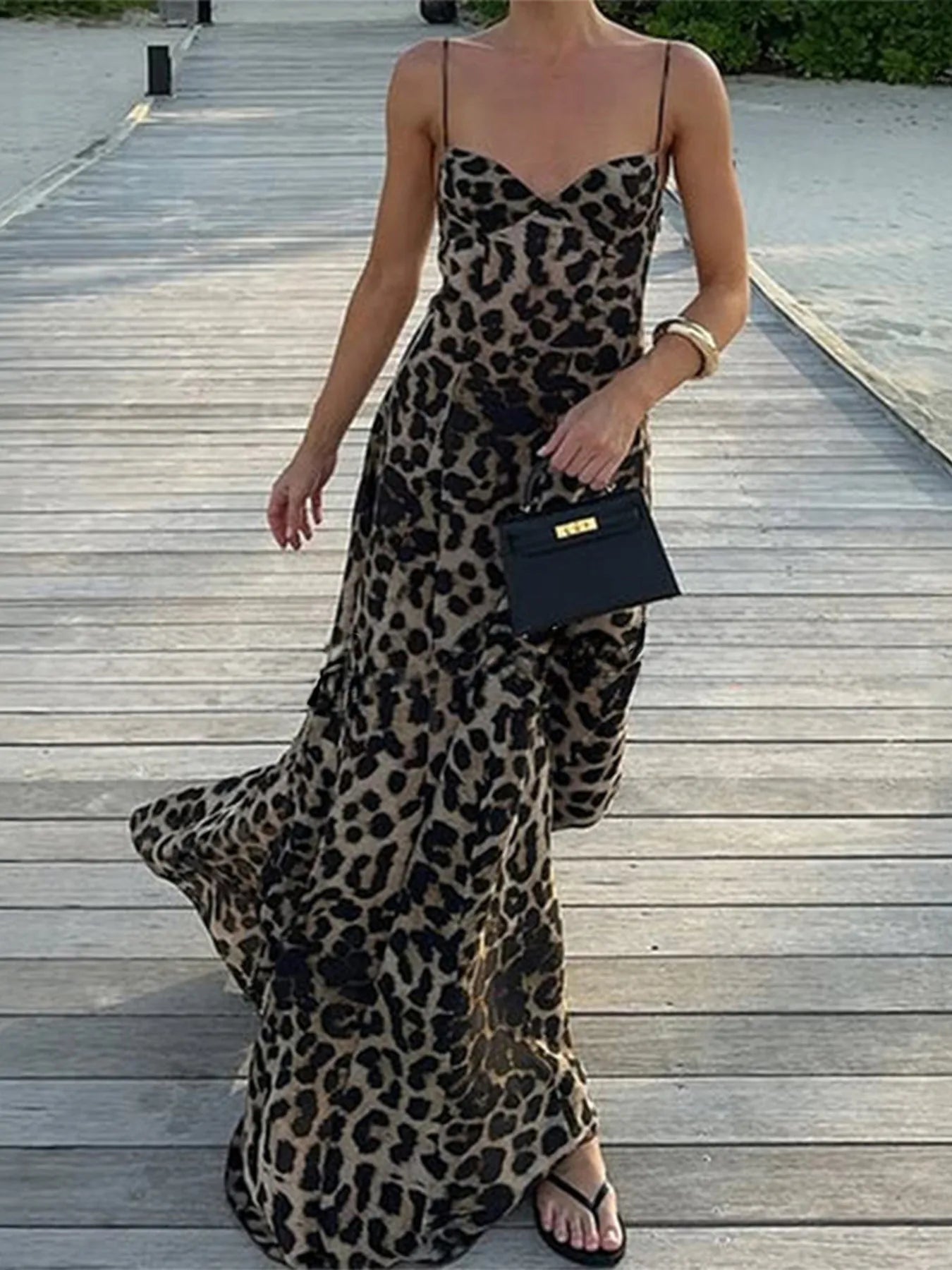 Image of Leopard Print Sweetheart Neck Maxi Cami Dress | Queeble.shop