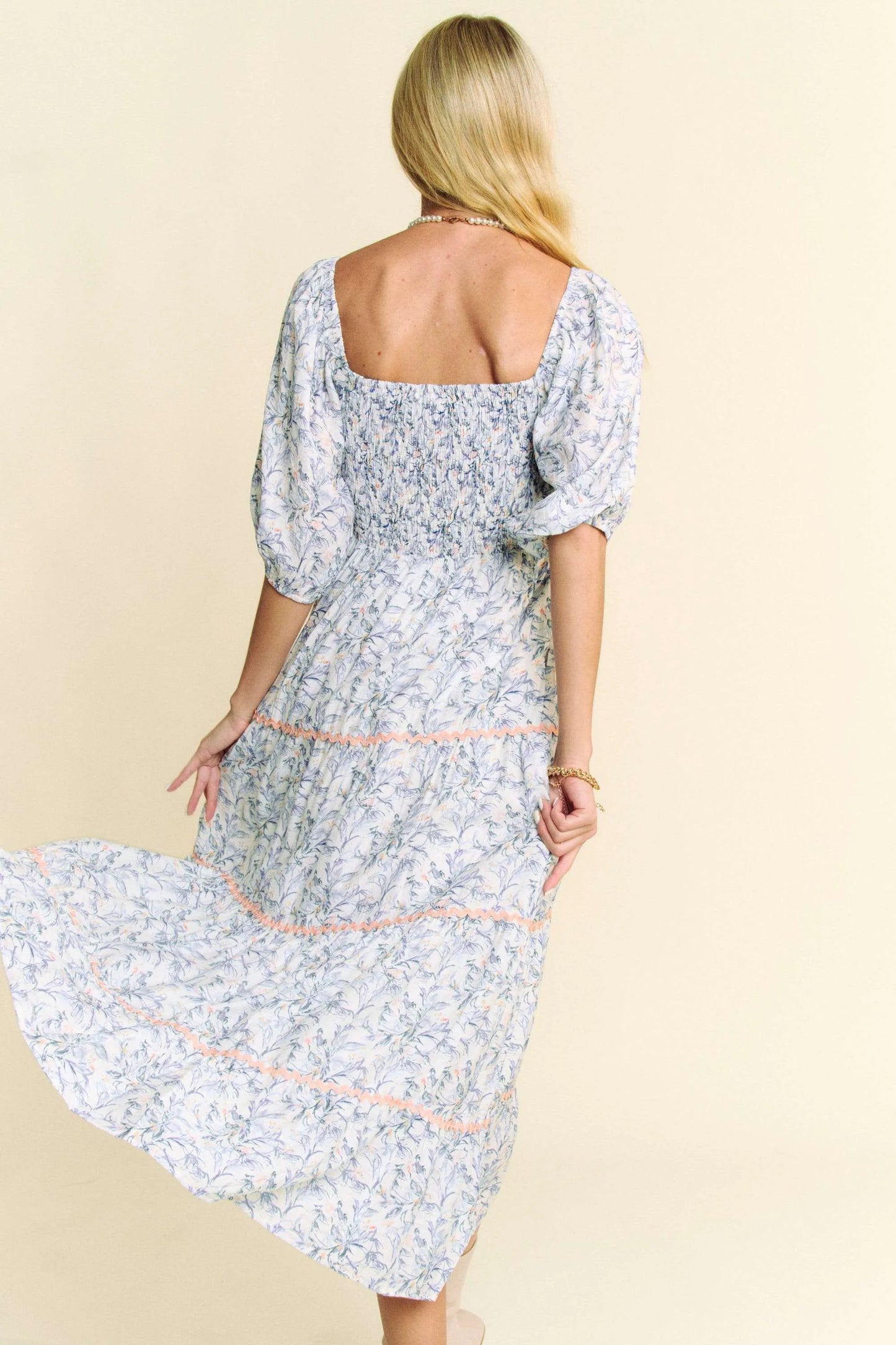 Image of Davi & Dani Contrast Ric Smocking Bodice Tiered Midi Dress | Queeble.shop