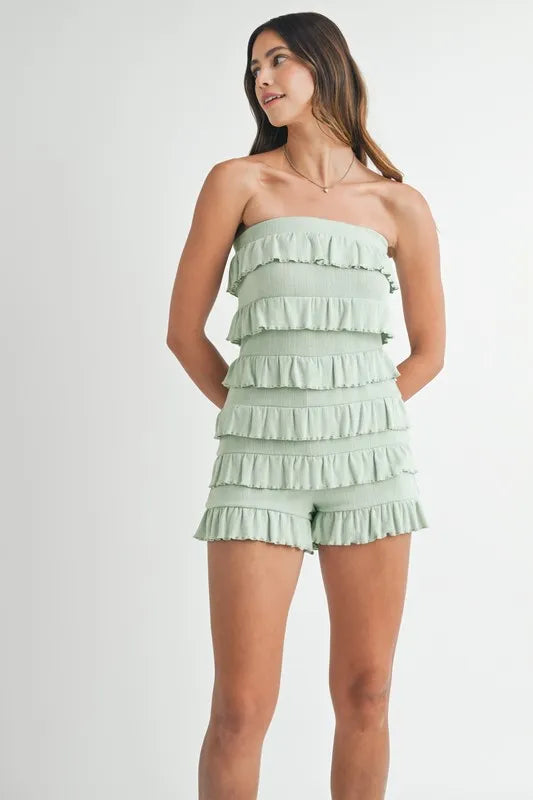 Image of MABLE Pointelle Knit Fabric Ruffled Tube Romper | Queeble.shop
