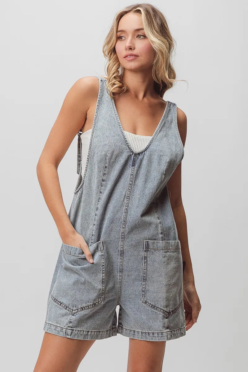 Image of BiBi Patch Vintage Washed Denim Shortall | Queeble.shop