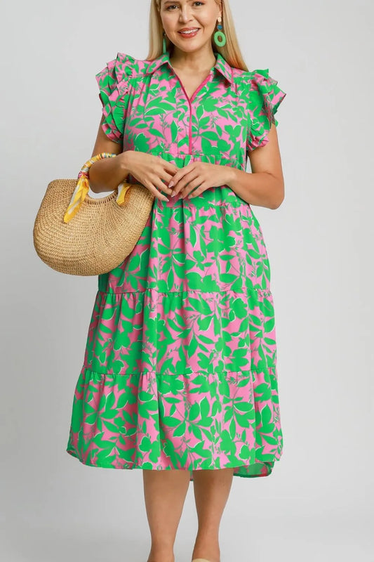Image of Umgee Full Size Floral Collared Ruffle Cap Sleeve Midi Dress Plus Size | Queeble.shop