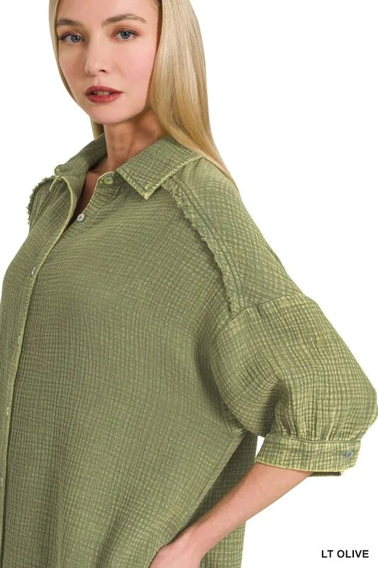 Image of Zenana Washed Double Gauze Button Down Shirt Dress | Queeble.shop