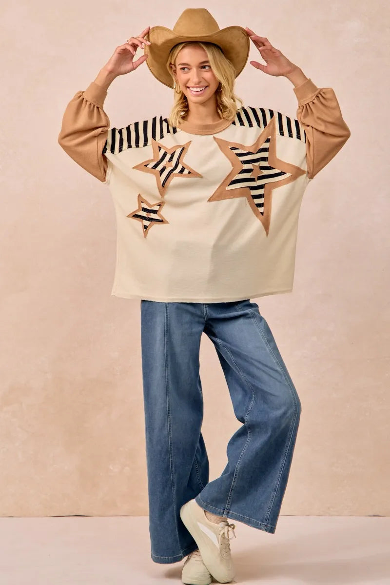 Image of BiBi Star Patchwork Mixed Long Sleeve Top | Queeble.shop