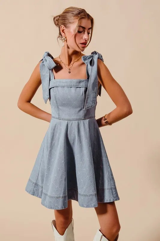 Image of SO ME A Line Fit and Flare Diamond Bow Ribbon Denim Dres | Queeble.shop