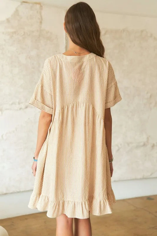 Image of ADORA Ruffled Hem Striped V-Neck Babydoll Dress | Queeble.shop