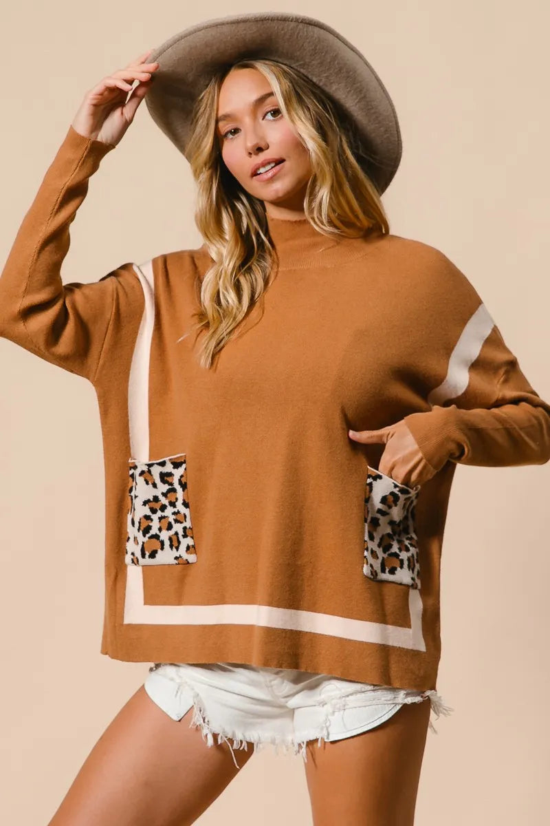 Image of BiBi Mock Neck Sweater with Leopard Pocket | Queeble.shop