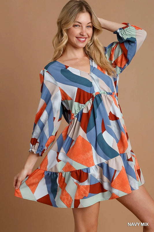Image of Umgee Abstract V-Neck Tiered Printed Dress | Queeble.shop