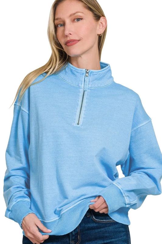 Image of Zenana F/terry Pigment Dye & Enzyme Washing Half Zip Top | Queeble.shop