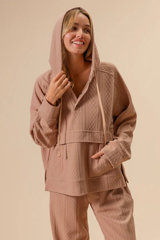 Image of BiBi Textured Knit Buttoned Hoodie Top | Queeble.shop