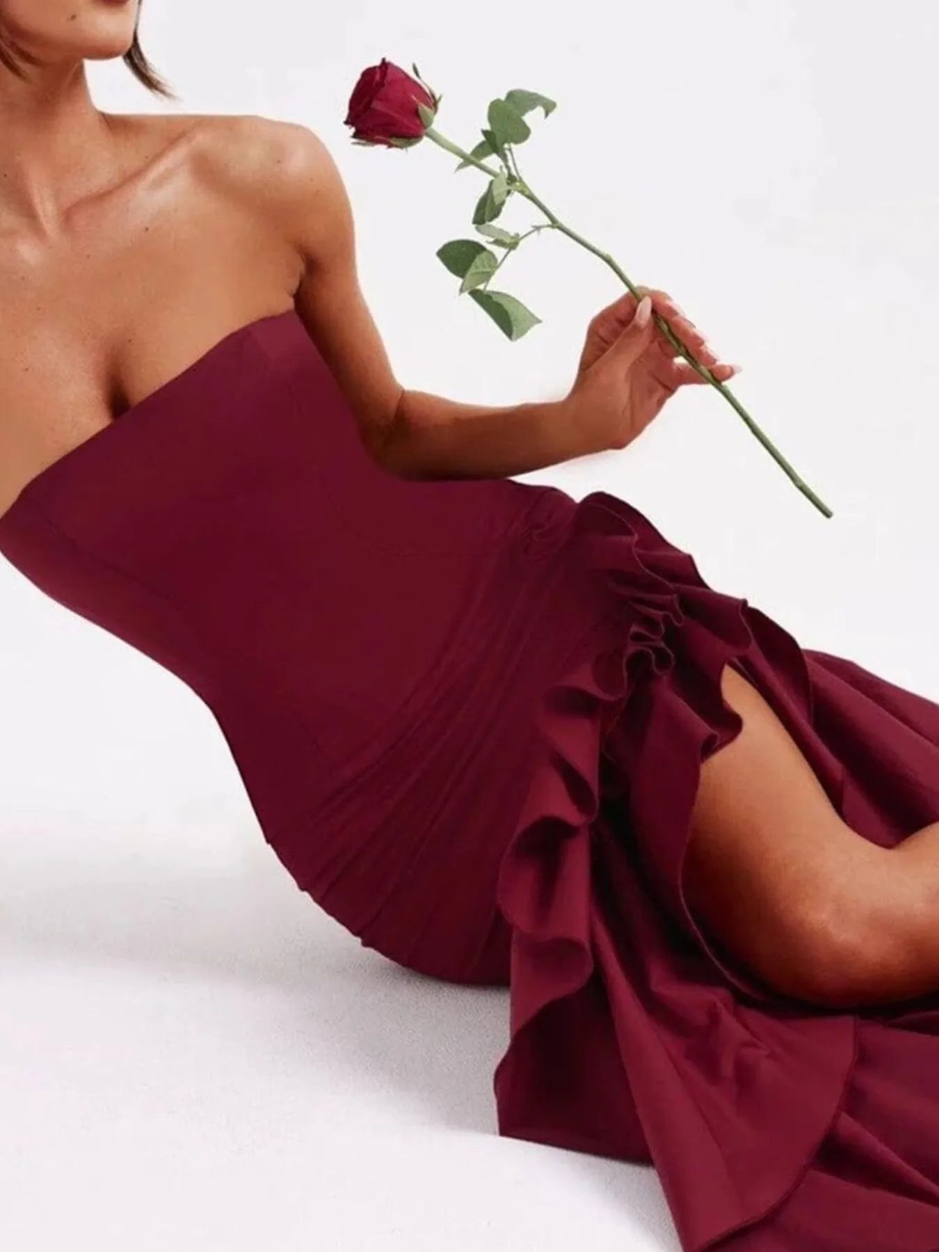 Image of Strapless Ruffle High-Low Bodycon Dress | Queeble.shop