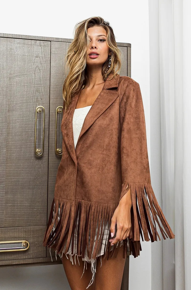 Image of BiBi Suede Single Blazer with Fringed Hem | Queeble.shop