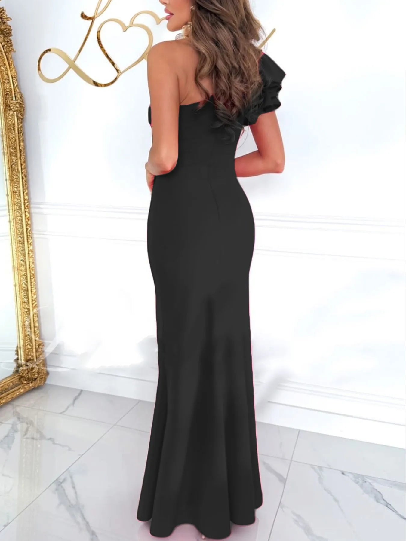 Image of Cutout One Shoulder Ruffle Split Dress | Queeble.shop