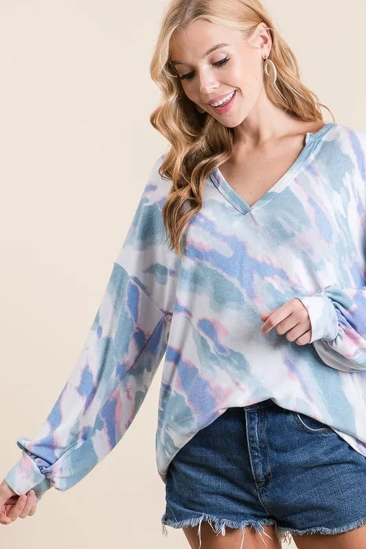 Image of BiBi Tie Dye French Terry Top with Balloon Sleeves | Queeble.shop