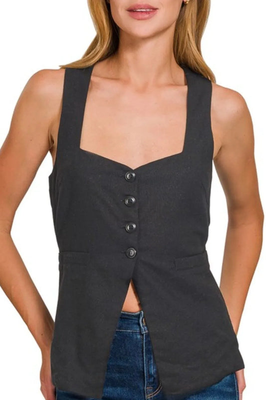 Image of Zenana Linen Tie-back 4-button Vest with Lining | Queeble.shop