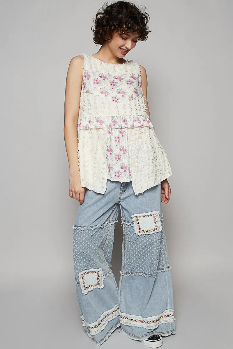 Image of POL Floral Textured Round Neck Sleeveless Top | Queeble.shop