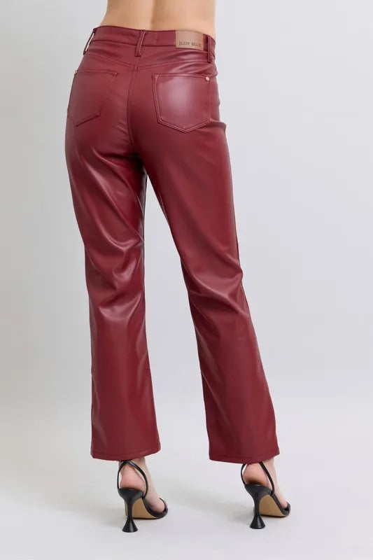 Image of Judy Blue Full Size High Waist Tummy Control Faux Leather Straight Pants Plus Size | Queeble.shop