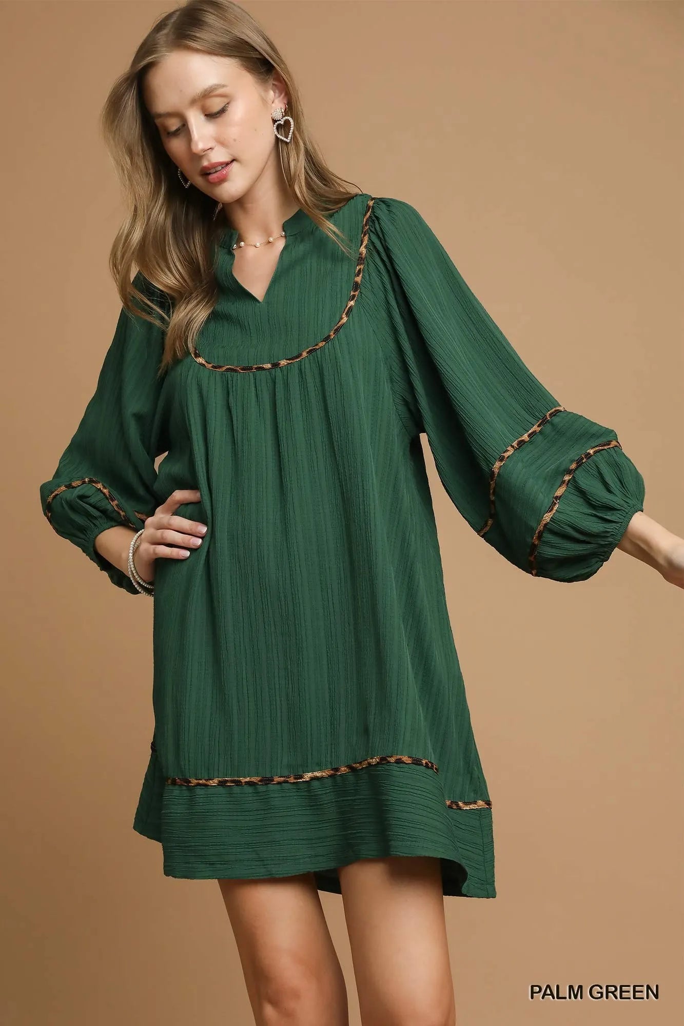 Image of Umgee Textured Babydoll Dress with Leopard Trim | Queeble.shop