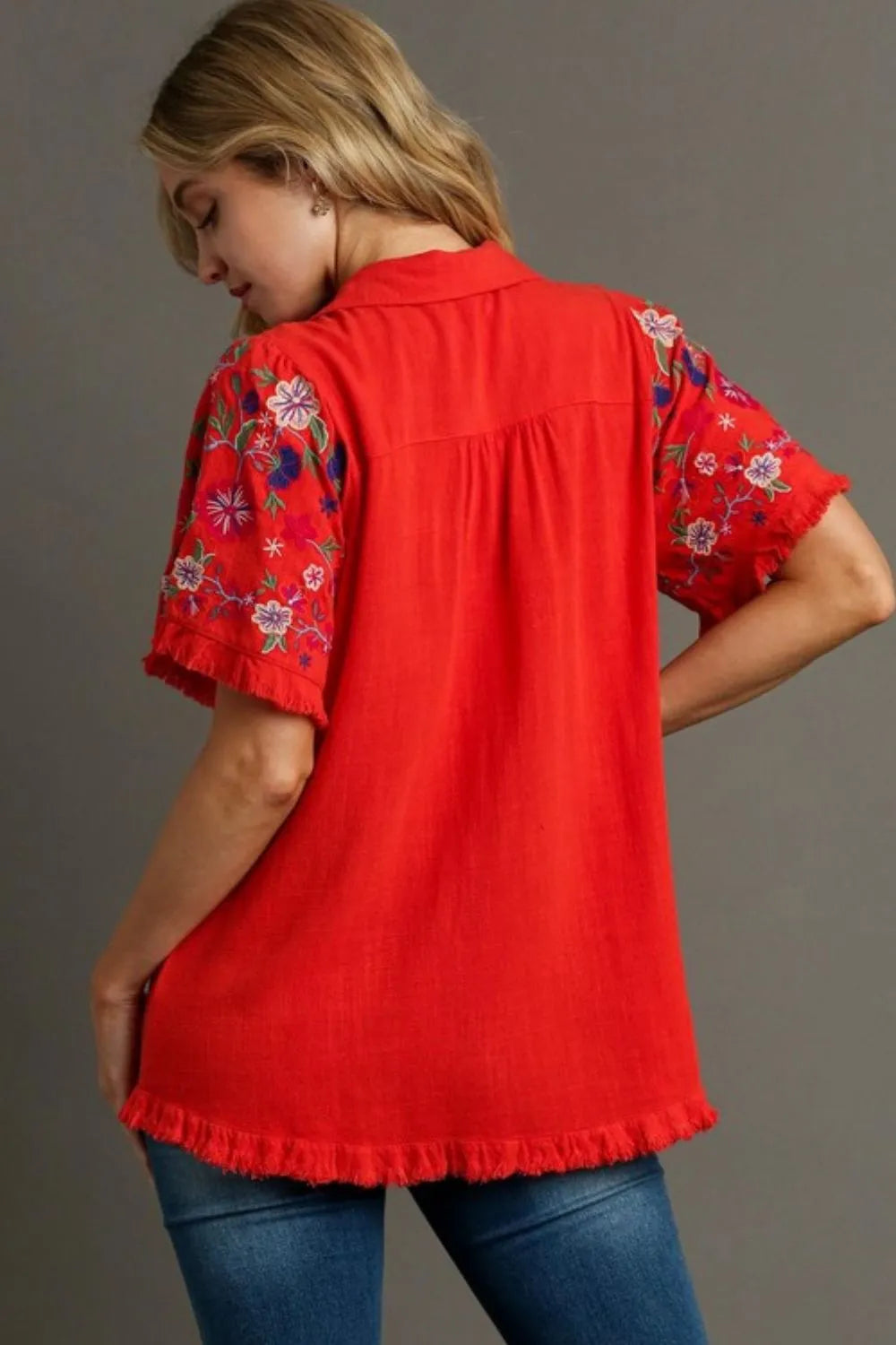 Image of Umgee Full Size Linen Shirt with Embroidered Sleeves Plus Size | Queeble.shop