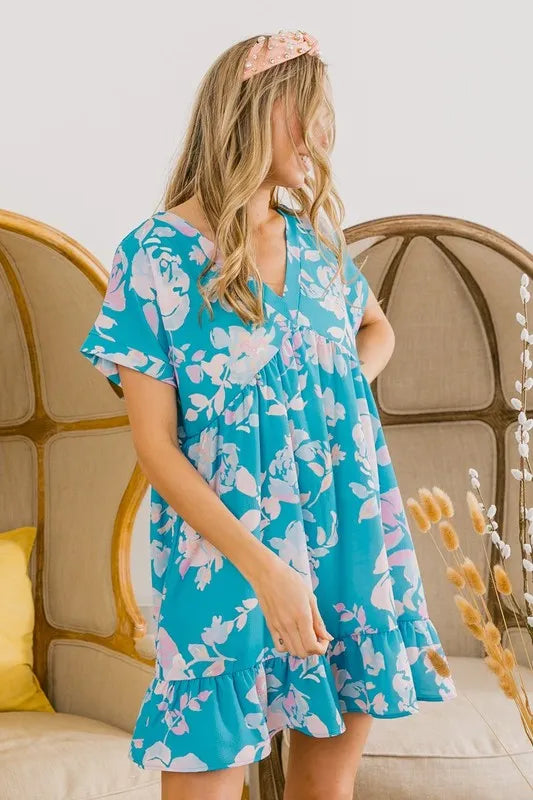 Image of BiBi Floral Crinkle Shirred Ruffle Detail V Neck Dress | Queeble.shop