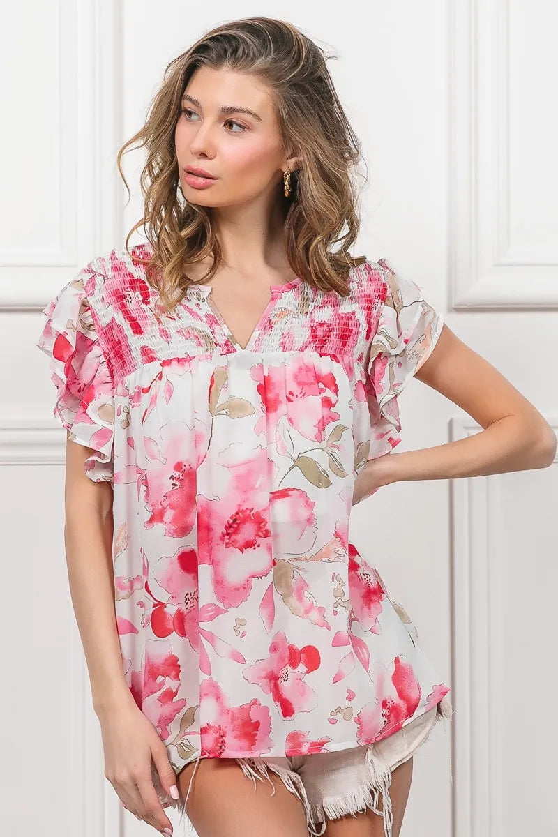 Image of BiBi Floral Print Flutter Sheer Top | Queeble.shop