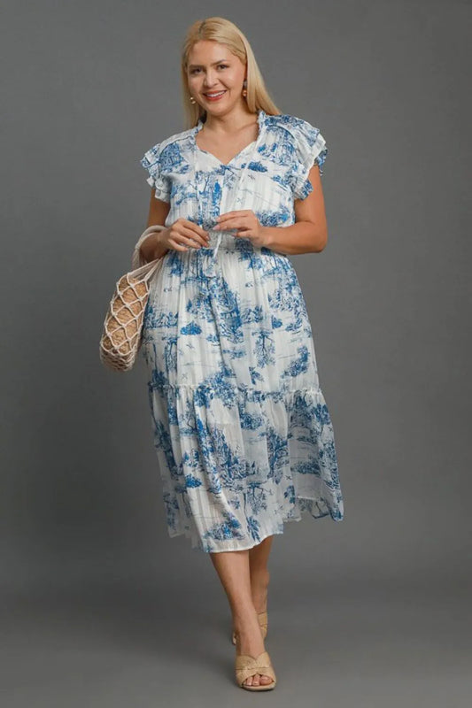 Image of Umgee Full Size Two Tone Landscape Print Midi Dress Plus Size | Queeble.shop