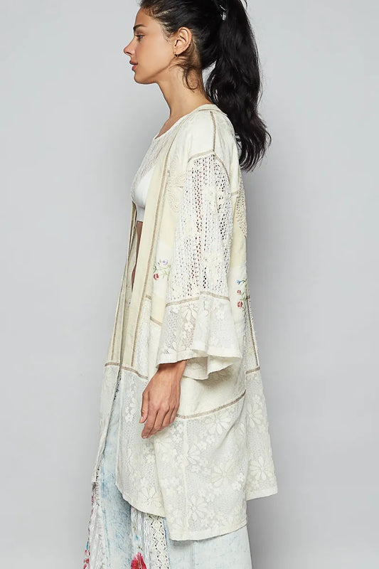 Image of POL Double Gauze and Lace Mix Cardigan with Embroidered Detail | Queeble.shop