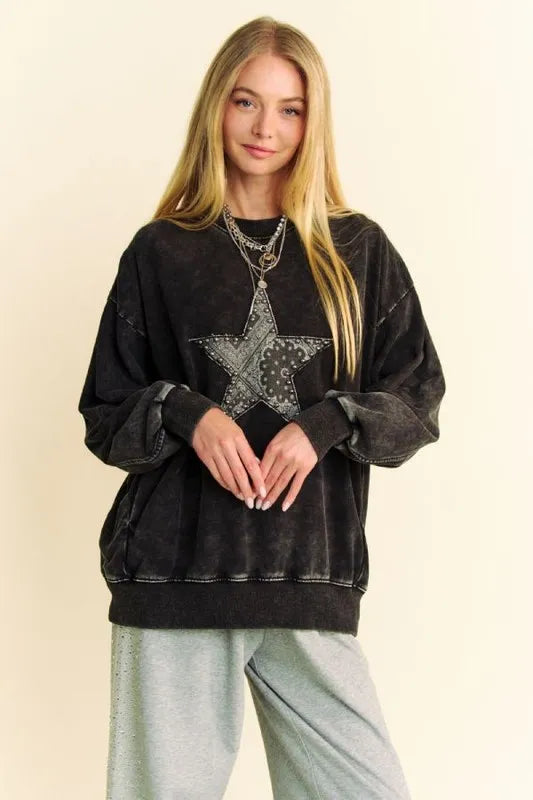 Image of Davi & Dani Stud Star Patch Acid Washed Sweatshirt | Queeble.shop