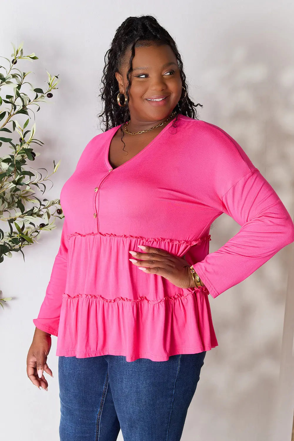 Image of Double Take Half Button Long Sleeve Ruffle Hem Blouse | Queeble.shop