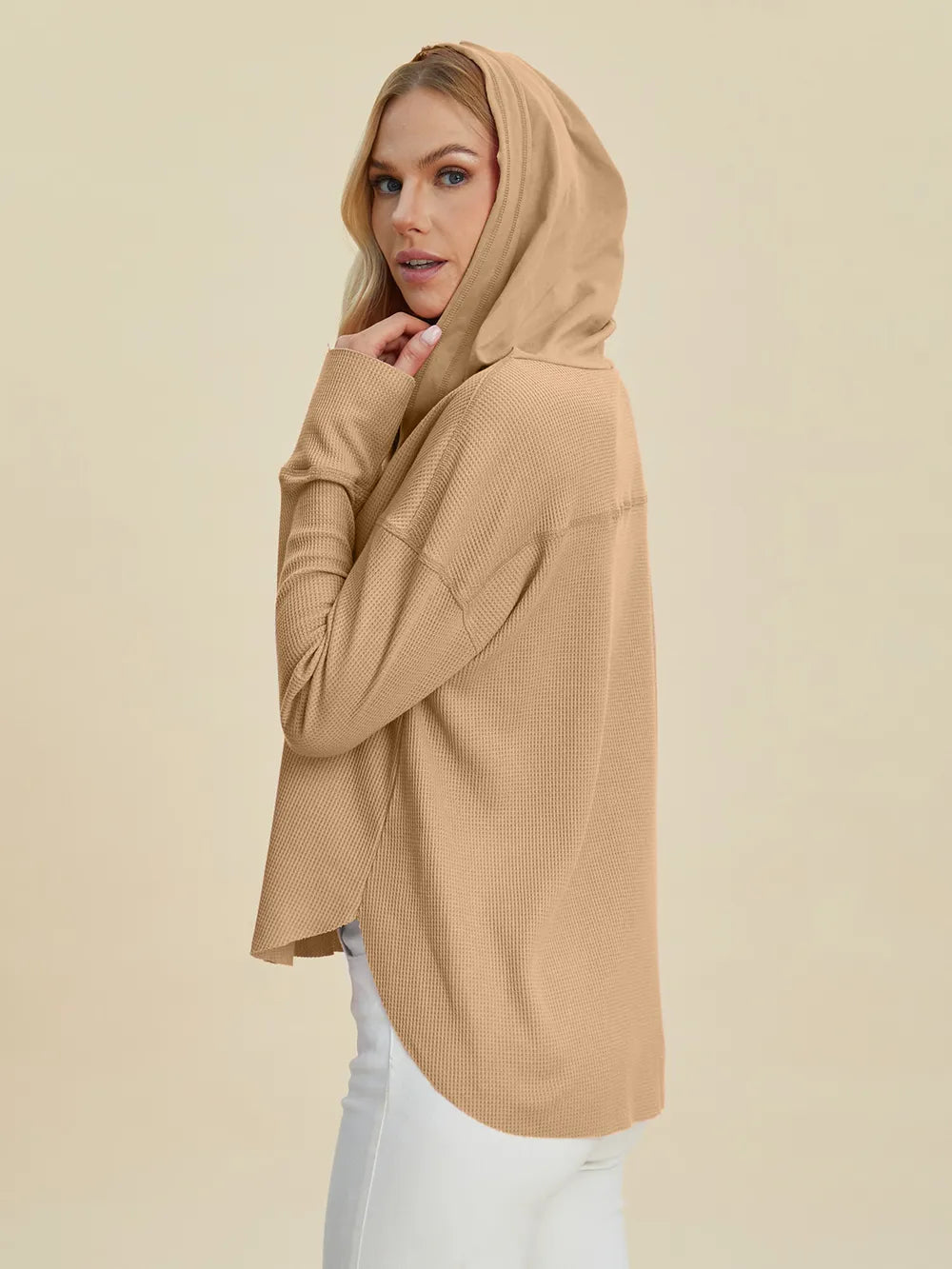 Image of Double Take Full Size High-Low Dropped Shoulder Long Sleeve Hoodie | Queeble.shop