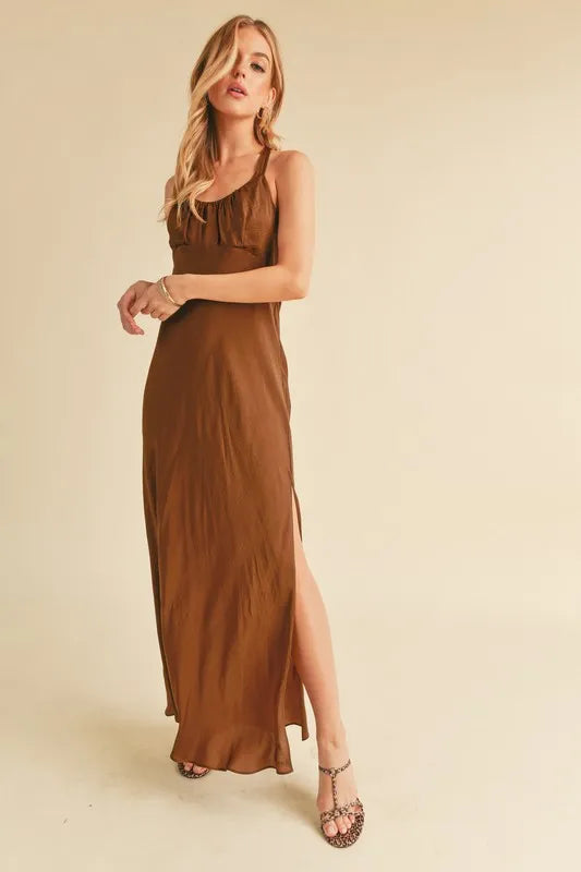 Image of Aemi + Co Ruched Side Slit Cutout Back Maxi Cami Dress | Queeble.shop