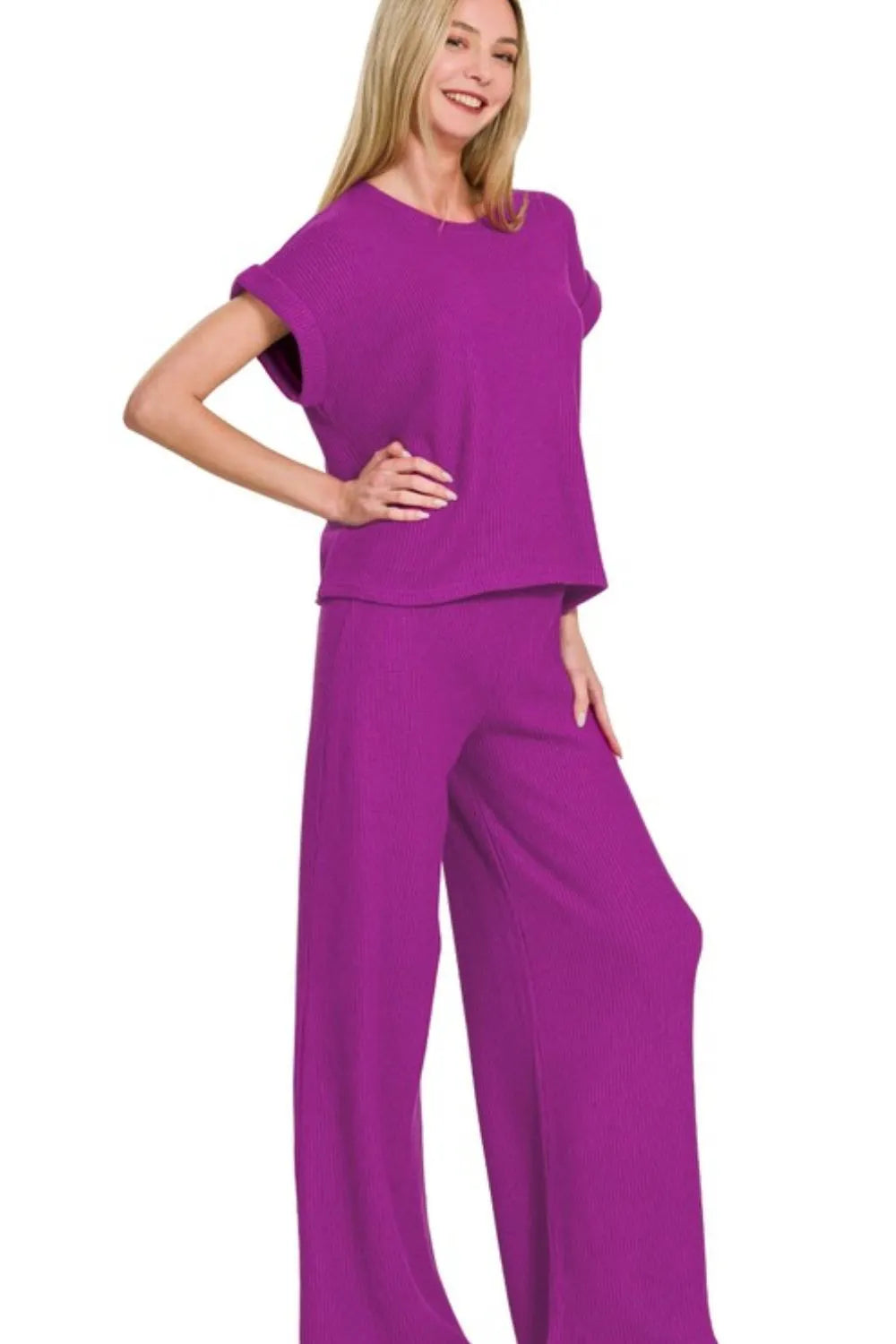 Image of Zenana Rolled Sleeve Top and Pants Sweater Set | Queeble.shop