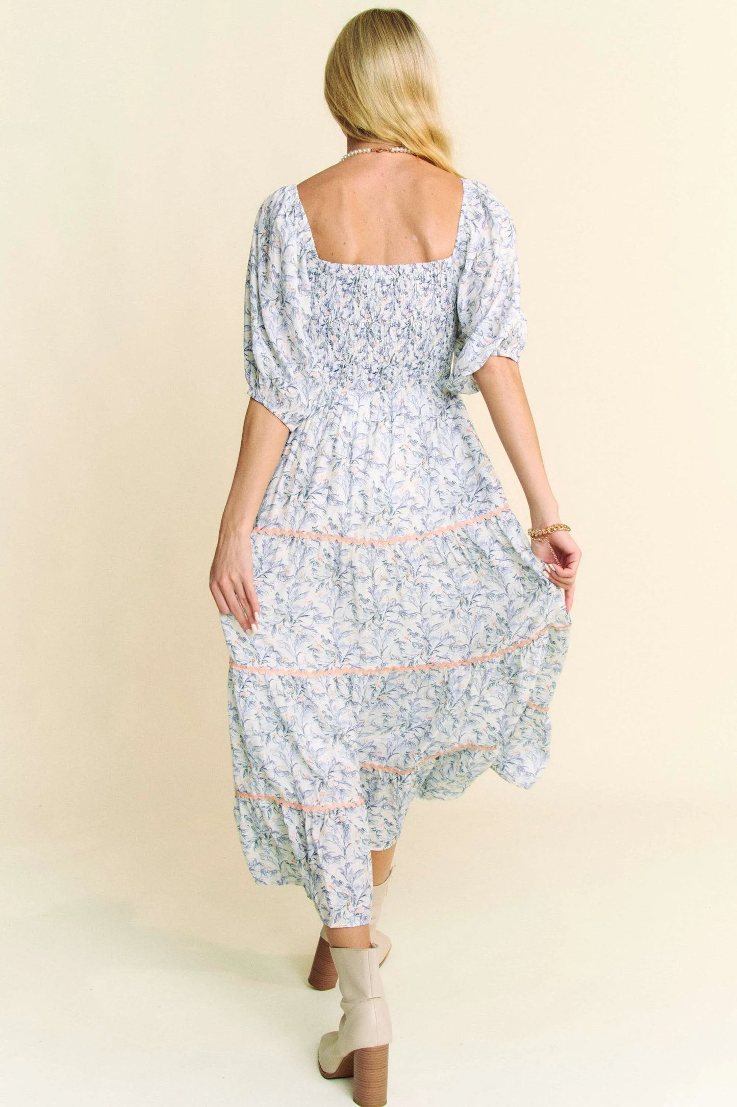 Image of Davi & Dani Contrast Ric Smocking Bodice Tiered Midi Dress | Queeble.shop