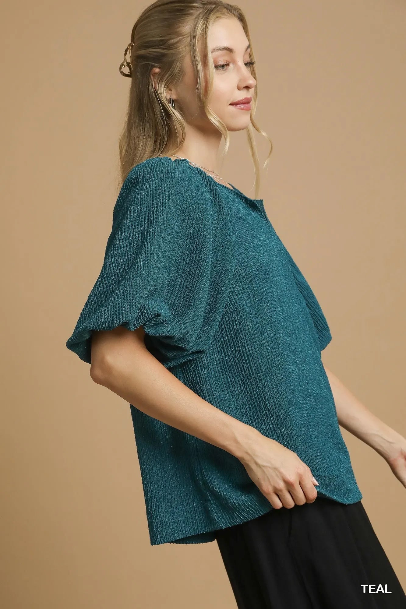Image of Umgee Textured Flutter Sleeve Notch Neck Top | Queeble.shop