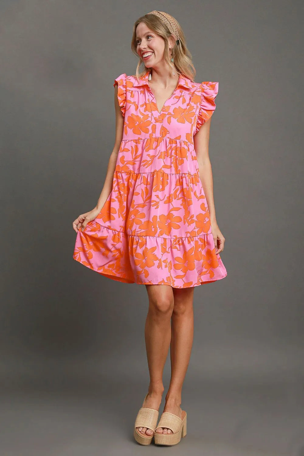 Image of Umgee Full Size Floral Print Ruffle Cap Sleeve Tiered Dress Plus Size | Queeble.shop