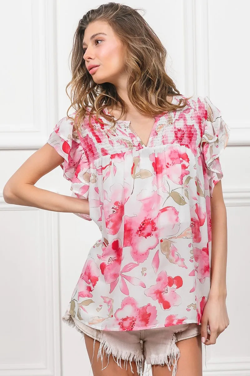 Image of BiBi Floral Print Flutter Sheer Top | Queeble.shop