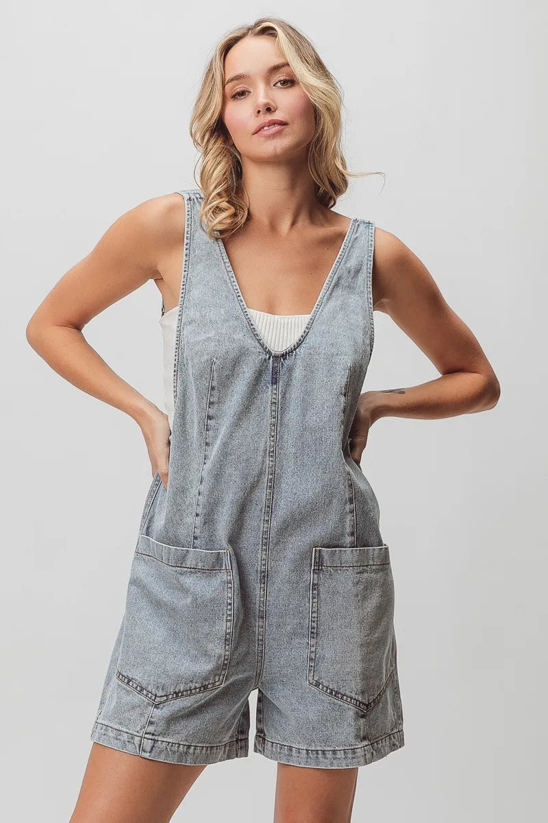 Image of BiBi Patch Vintage Washed Denim Shortall | Queeble.shop