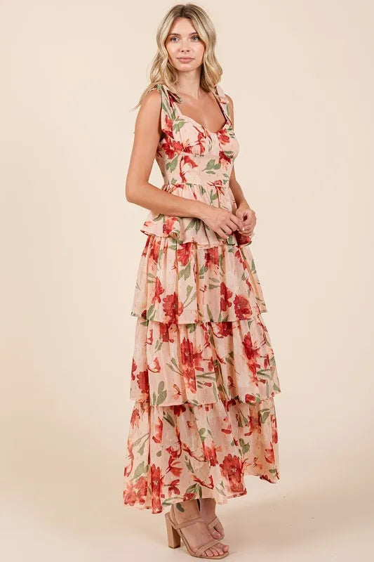 Image of Mittoshop Layered Floral Sweetheart Neck Maxi Dress | Queeble.shop
