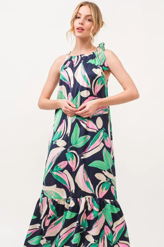 Image of And The Why Botanical Printed Halterneck Tiered Maxi Dress | Queeble.shop