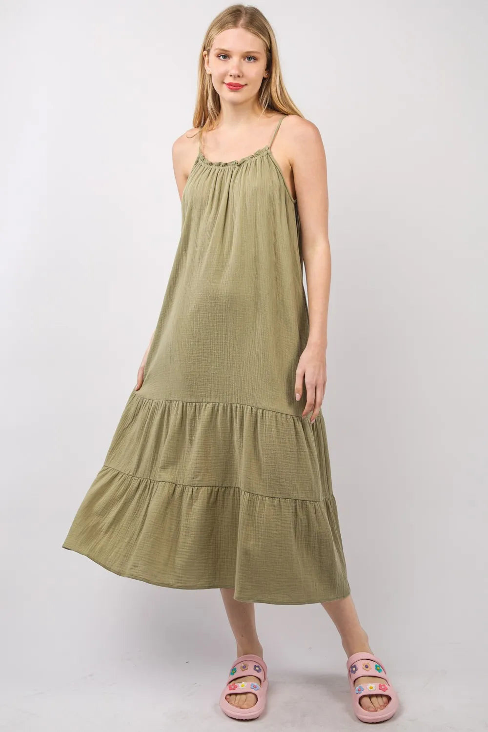 Image of VERY J Ruffled A-Line Midi Cami Dress | Queeble.shop