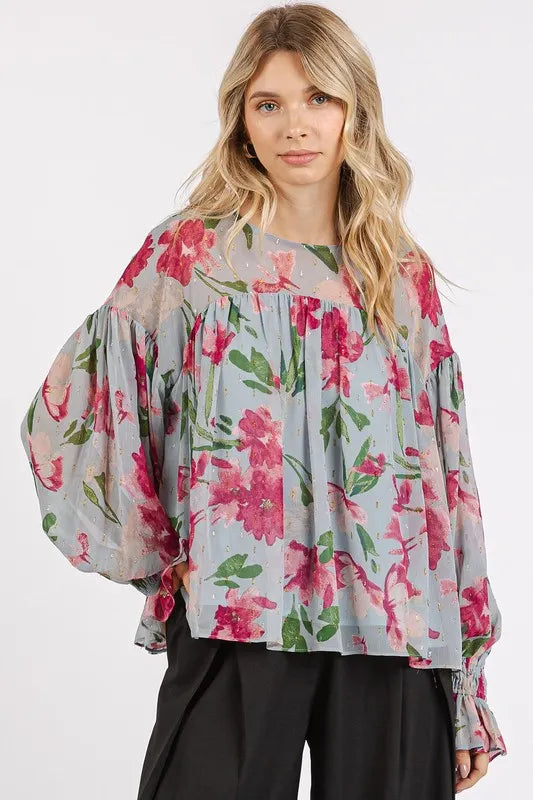 Image of Mittoshop Floral Round Neck Flounce Sleeve Blouse | Queeble.shop