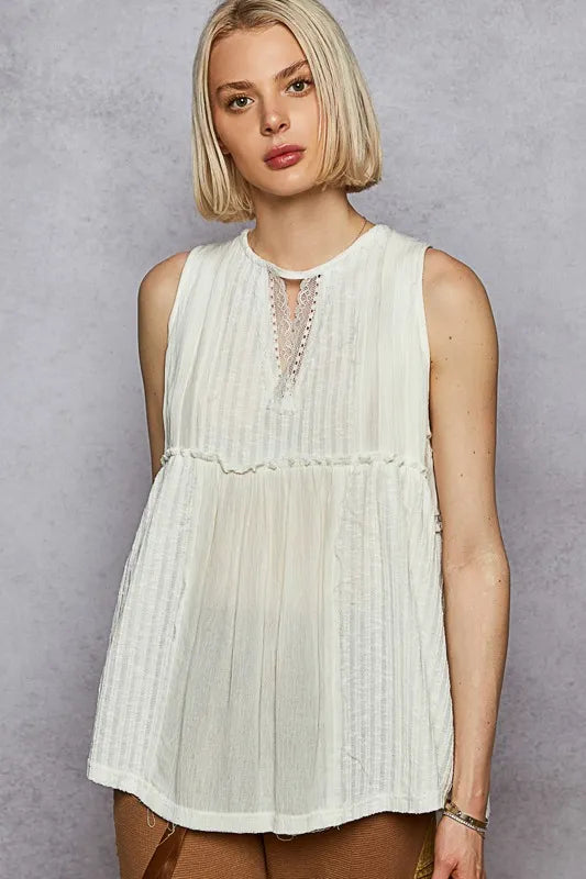 Image of POL Lace Trim Round Neck Tank with Pintuck Detail | Queeble.shop