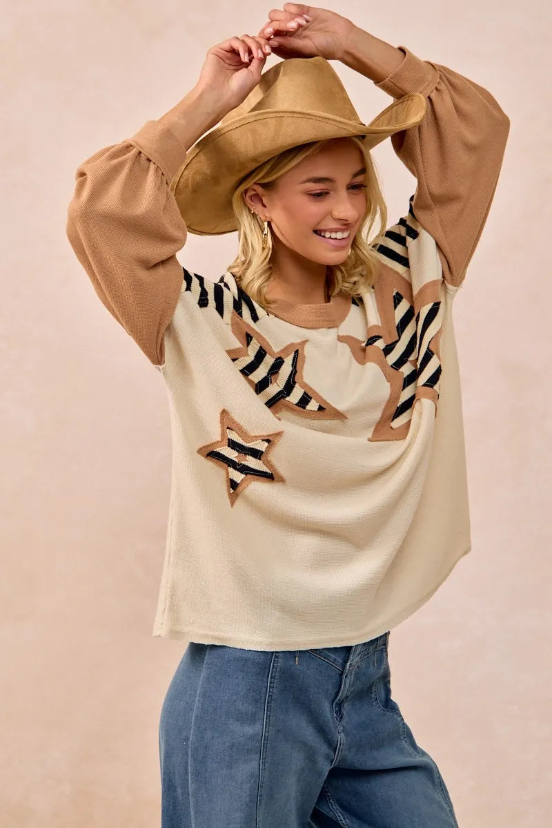 Image of BiBi Star Patchwork Mixed Long Sleeve Top | Queeble.shop