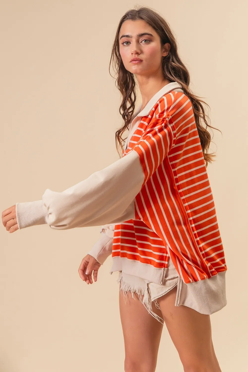 Image of BiBi Stripe Knit Loose Fit Top With Cut Edge Detail | Queeble.shop