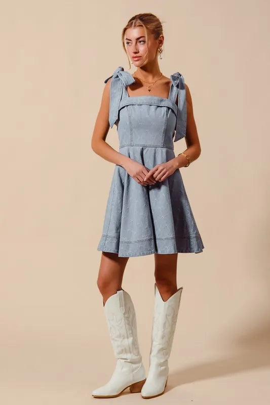 Image of SO ME A Line Fit and Flare Diamond Bow Ribbon Denim Dres | Queeble.shop