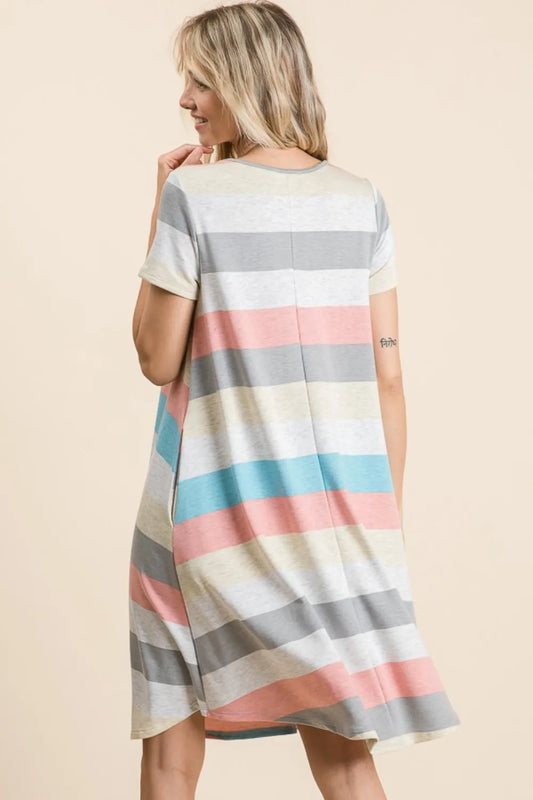 Image of BOMBOM Striped Short Sleeve Dress with Pockets | Queeble.shop