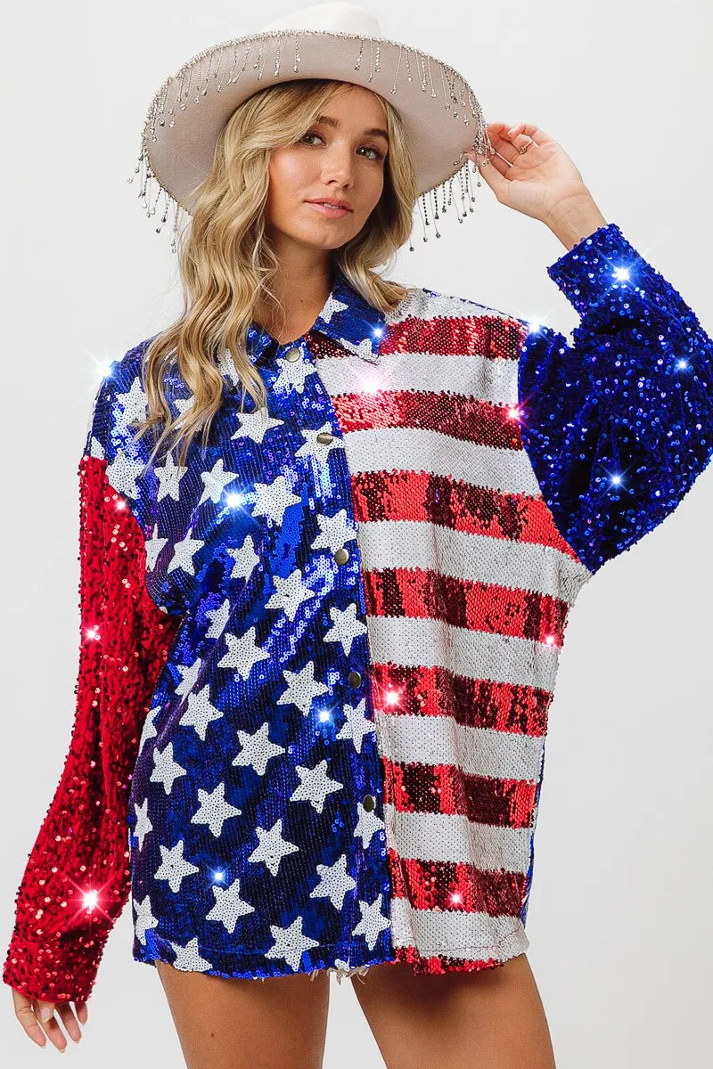 Image of BiBi Velvet Sequin American Flag Shirt | Queeble.shop