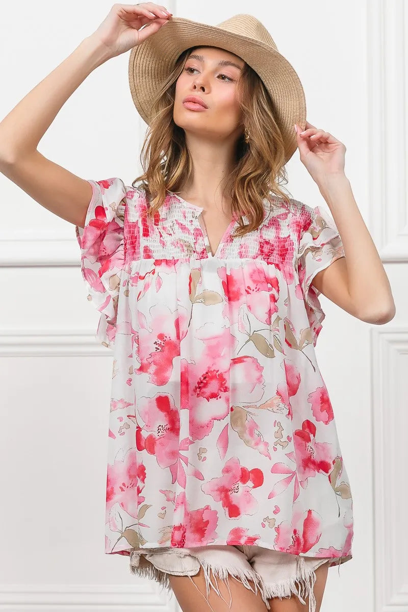 Image of BiBi Floral Print Flutter Sheer Top | Queeble.shop