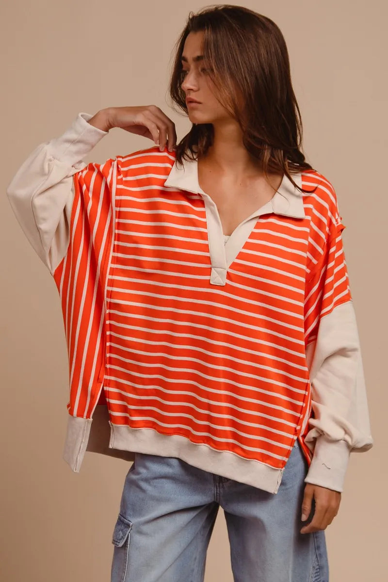 Image of BiBi Stripe Knit Loose Fit Top With Cut Edge Detail | Queeble.shop