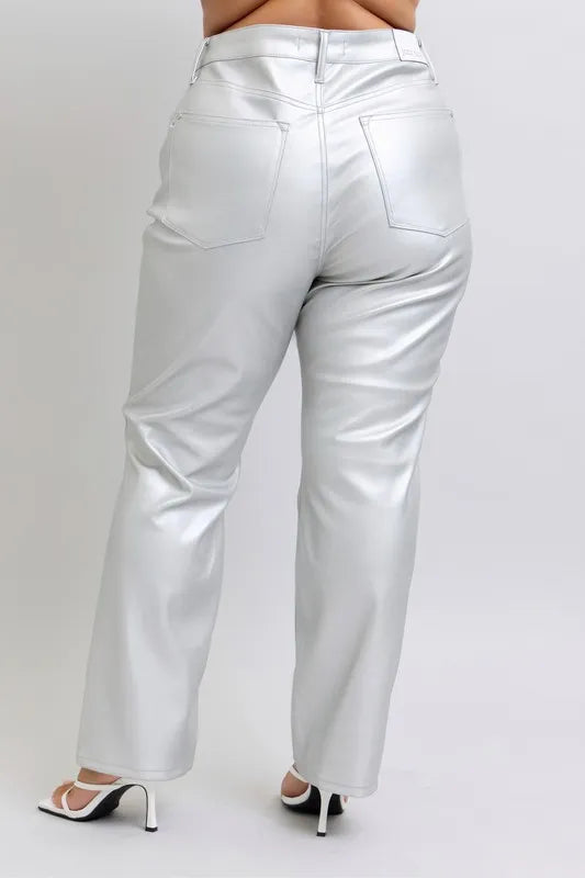 Image of Judy Blue Full Size High Waist Silver Faux Leather Pants Plus Size | Queeble.shop